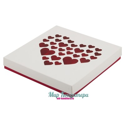 Коробка для конфет на 16 шт Бело-красная с сердечками 200*200*30
