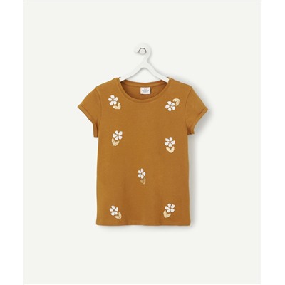 T-SHIRT FILLE EN COTON RECYCLÉ OCRE AVEC SEQUINS RÉVERSIBLES