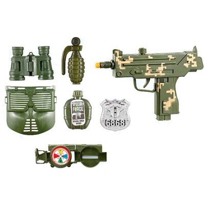 %Игровой набор "Снаряжение разведчика" (пистолет 18,5 см, маска, граната, значок, фляга, компас, свет, звук)