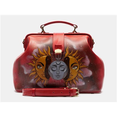 Красная кожаная сумка с росписью из натуральной кожи «W0023 Red Солнце и луна»