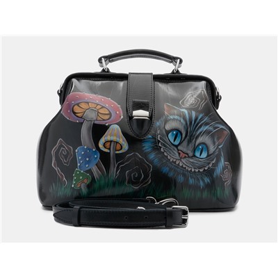 Черная кожаная сумка с росписью из натуральной кожи «W0023 Black Чешир с грибами»