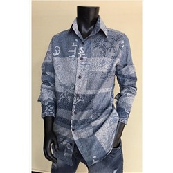 Рубашка приталенного кроя сине-серого цвета со вставками 5609