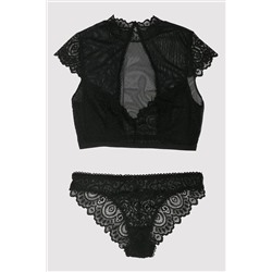Женский черный 4743 Кружевной прозрачный комплект бюстье без покрытия / комплект нижнего белья