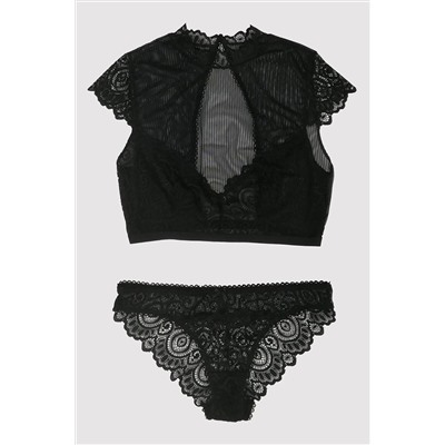 Женский черный 4743 Кружевной прозрачный комплект бюстье без покрытия / комплект нижнего белья
