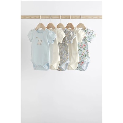 Blue 5 Pack Puff Sleeve Character Baby Bodysuits