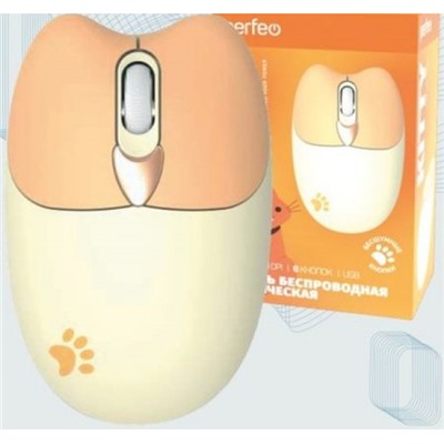 Мышь PERFEO беспров. оптич. "KITTY", 4 кн, «Silent Click» DPI 800-1600, USB, желт. PF_B3404 Perfeo