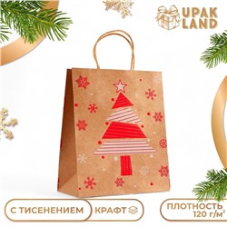 Пакет крафт с  тиснением, "Ёлка" круглая ручка,  33 х 25 х 12 см, 120 г