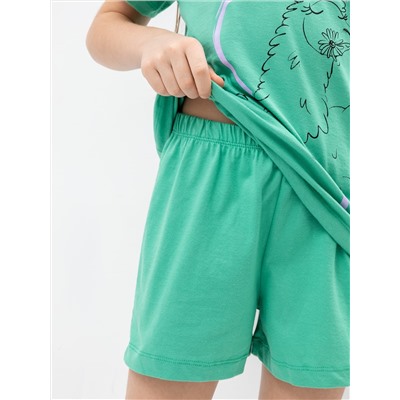Комплект для девочек (футболка, шорты) в зеленом цвете с принтом