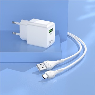 Сетевое зарядное устройство Hoco C98A, 1 USB, 18 Вт, QC, кабель Type-C - USB, 1 м, белое