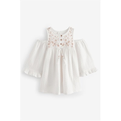 Cream Embroidered Cold-Shoulder Dress (3-16yrs)