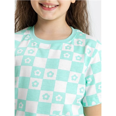 Комплект для девочек (футболка, шорты) в зеленую клетку