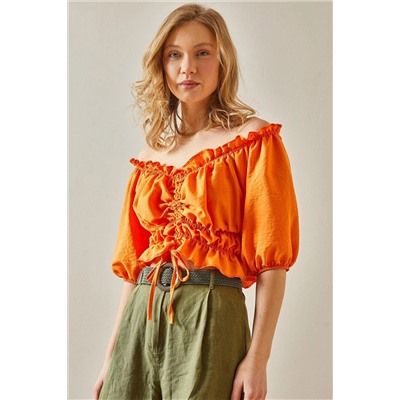 XHAN Оранжевая блузка с вырезом «лодочка» и сборками 5YXK2-47964-11