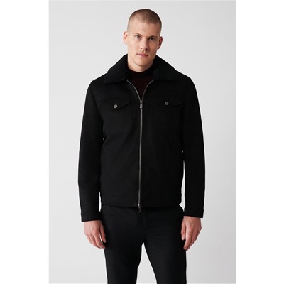 Черное пальто с меховым воротником на молнии Fiber Comfort Fit