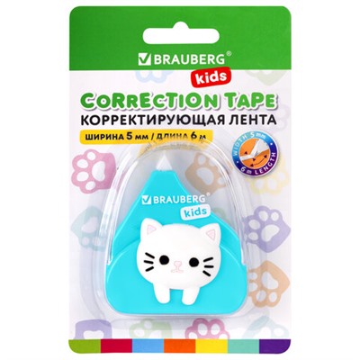 Корректирующая лента BRAUBERG KIDS "Котенок", 5 мм х 6 м, корпус ассорти, блистер, 272494