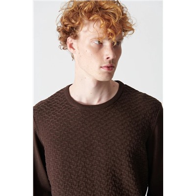 Мужской коричневый жаккардовый свитер с круглым вырезом A12y5214