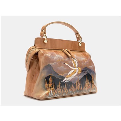 Бежевая кожаная сумка с росписью из натуральной кожи «W0042 Beige Журавль»