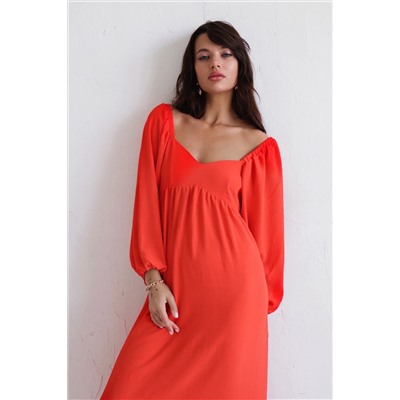 9812 Платье-миди с пышными рукавами красно-оранжевое