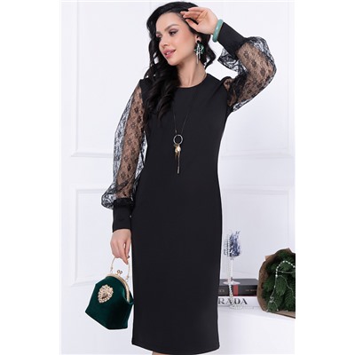 Трикотажное чёрное платье-футляр с рукавами из кружева