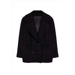 Черное двубортное эластичное пальто стандартного кроя на застежке из смесовой шерсти TBBAW25DD00002