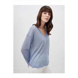 Стильная базовая блузка с длинными рукавами и V-образным вырезом пыльно-синего цвета