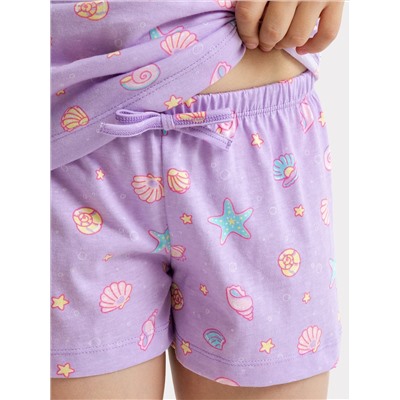 Комплект для девочек (топ, шорты) в фиолетовом оттенке с принтом ракушек