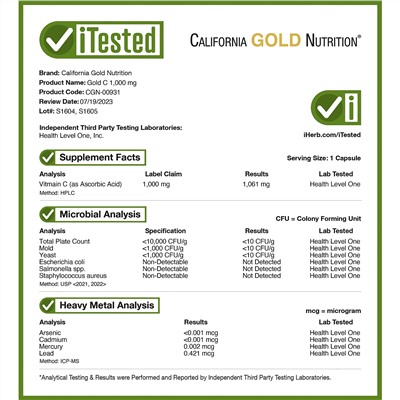 California Gold Nutrition, GoldC, витаминC класса USP, 1000мг, 60вегетарианских капсул