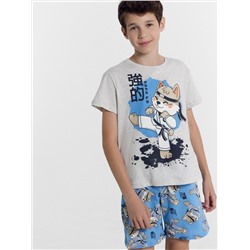 Комплект для мальчиков (футболка, шорты) серо-голубой с ниндзей