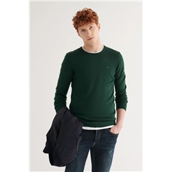 Темно-зеленый вязаный свитер с круглым вырезом без катышков, стандартная посадка