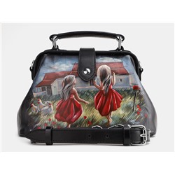 Черная кожаная сумка с росписью из натуральной кожи «W0013 Black ZM Девушки на лугу»