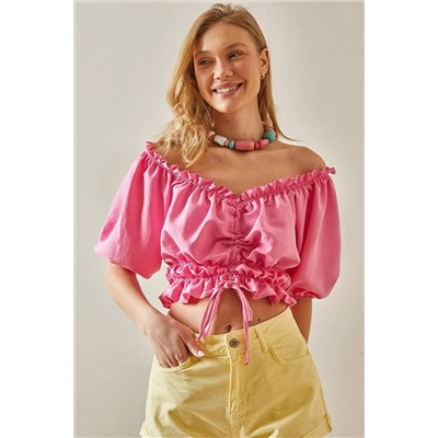 XHAN Розовая блузка со сборками и вырезом «лодочка» 5YXK2-47964-20