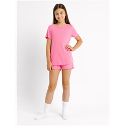 Пижама для девочек (футболка, шорты) в розовом цвете с текстовой перфорацией