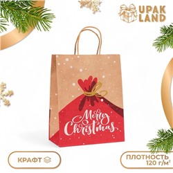 Пакет бумажный подарочный новогодний крафт "Merry Cristmas", 27 х 21 х 11 см. Новый год