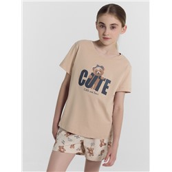Комплект для девочек (футболка, шорты) бежевый с медведями и надписями