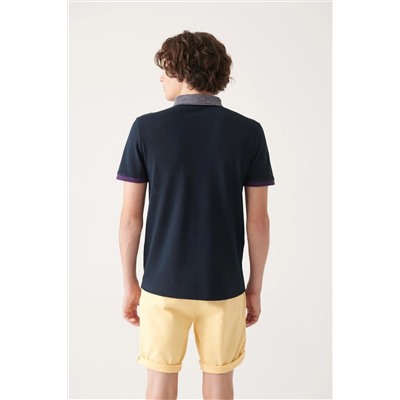 Темно-синяя футболка с воротником поло, 100% хлопок, приталенный крой