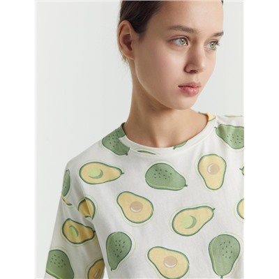 Комплект женский (футболка, бриджи) молочно-бежевый с авокадо