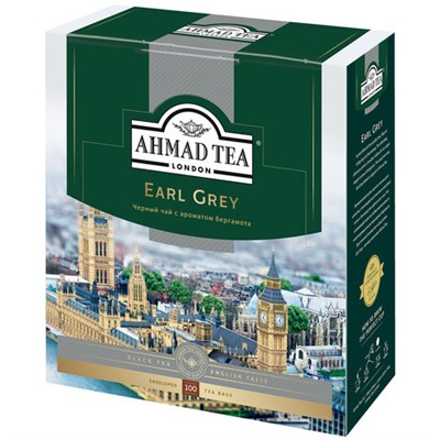 Чай AHMAD (Ахмад) "Earl Grey", черный цейлонский с ароматом бергамота, 100 пакетиков в конвертах по 2 г, 595i-08