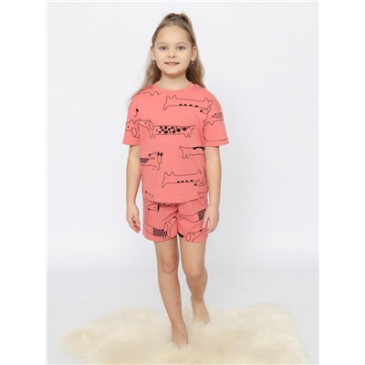 CSKG 50168-28 Пижама для девочки (футболка, шорты),коралловый