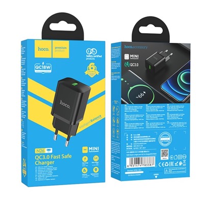 Сетевое зарядное устройство Hoco N26, 1 USB, 18 Вт, QC, чёрное