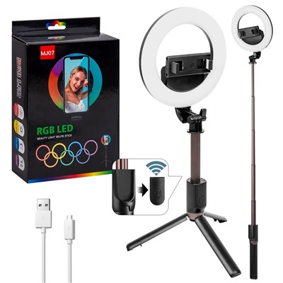 Монопод для селфи+Tripod+лампа 6" MJ07 RGB Bluetooth (черный)