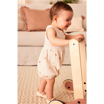 Beige Floral Embroidery Bloomer Baby Romper (0mths-3yrs)
