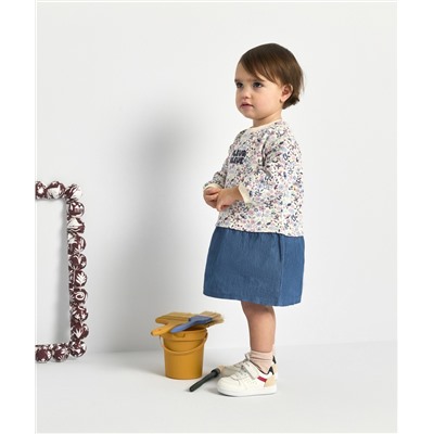 ROBE BÉBÉ FILLE EN BI-MATIÈRE DENIM ET IMPRIMÉE FLEURI