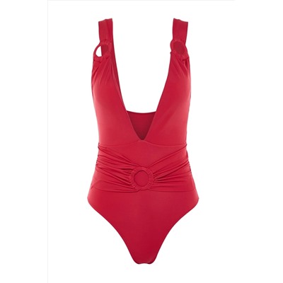 Бордово-красный купальник с глубоким глубоким вырезом, аксессуарами и нормальными штанинами TBESS22MA0193