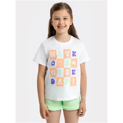 Комплект для девочек (футболка, шорты) в белом и салатовом цвете с принтом