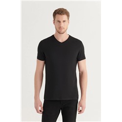 Мужская черная футболка стандартного кроя из 100% хлопка с v-образным вырезом E001001