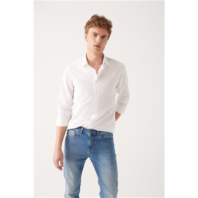 Белая рубашка, 100% хлопок, фактурный классический воротник, приталенный крой