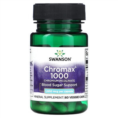 Swanson, Chromax 1000, пиколинат хрома, 1000 мкг, 60 растительных капсул