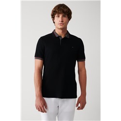Черная футболка с воротником-поло, полосатый воротник с 2 пуговицами, 100% хлопок, стандартная посадка