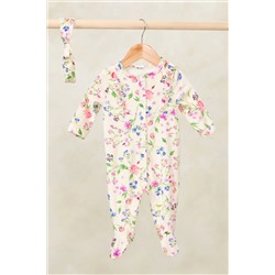 Love & Roses Velour Sleepsuit With Matching Headband (0-2yrs)