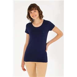 Женская базовая футболка темно-синего цвета с круглым вырезом Неожиданная скидка в корзине