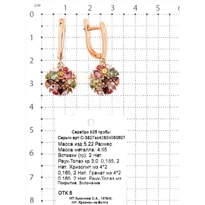 Серьги из золочёного серебра с натуральными камнями 2 Раух Топаз 2 Хризолит 2 Гранат 2 Раух Топаз 2 Цитрин 8 Мульти Турмалин Груша 16 Фианит круг 2 мм красных. 925 пробы С-3827зс42804050607
